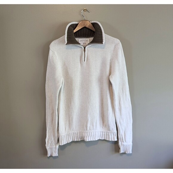 Aeropostale Size Medium Quarter Zip Sweater Mens Off White Cotton Knit LS - Picture 1 of 5